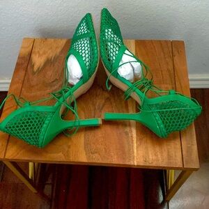 Gianni Bini Reagan Mesh And Leather Ankle Wrap Square Toe Pumps